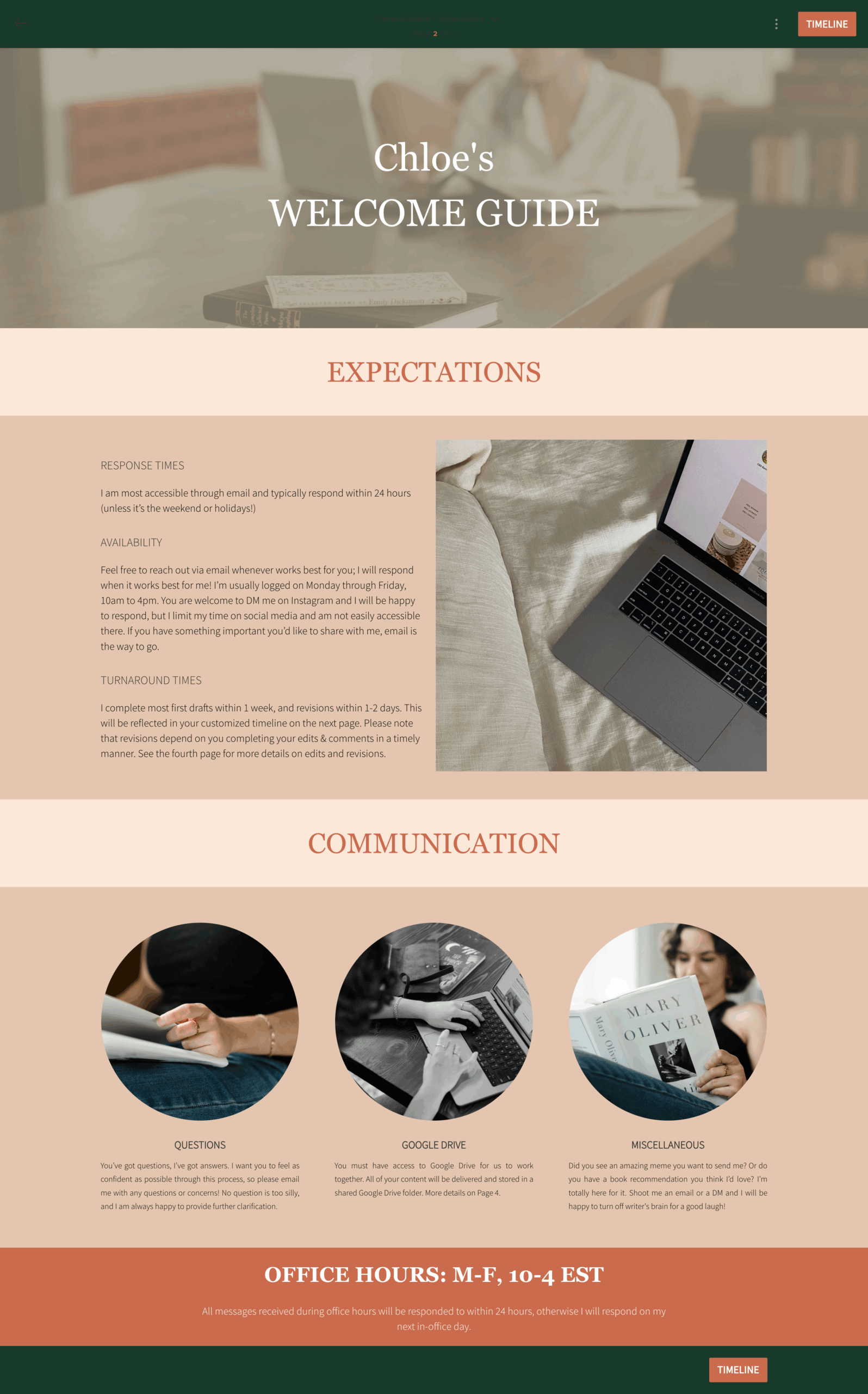 A screenshot of a welcome guide designed in Honeybook