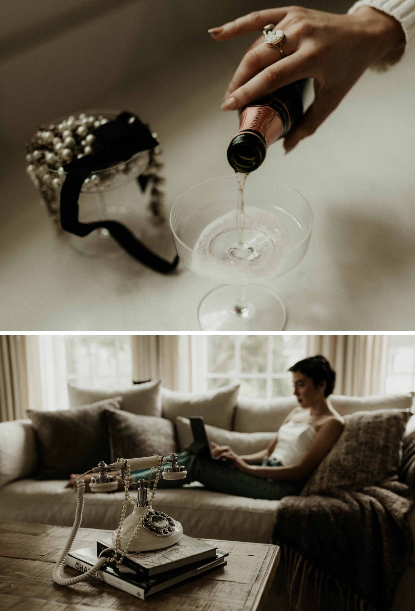 A CRM software expert sits on a cream colored couch and works on a laptop 