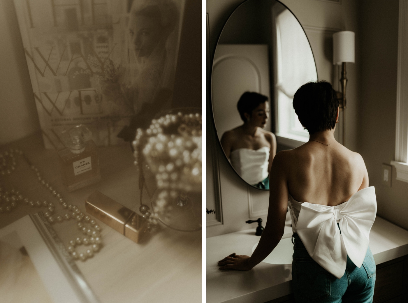 A flat lay of Chanel perfume, pearls, makeup, and a wedding magazine