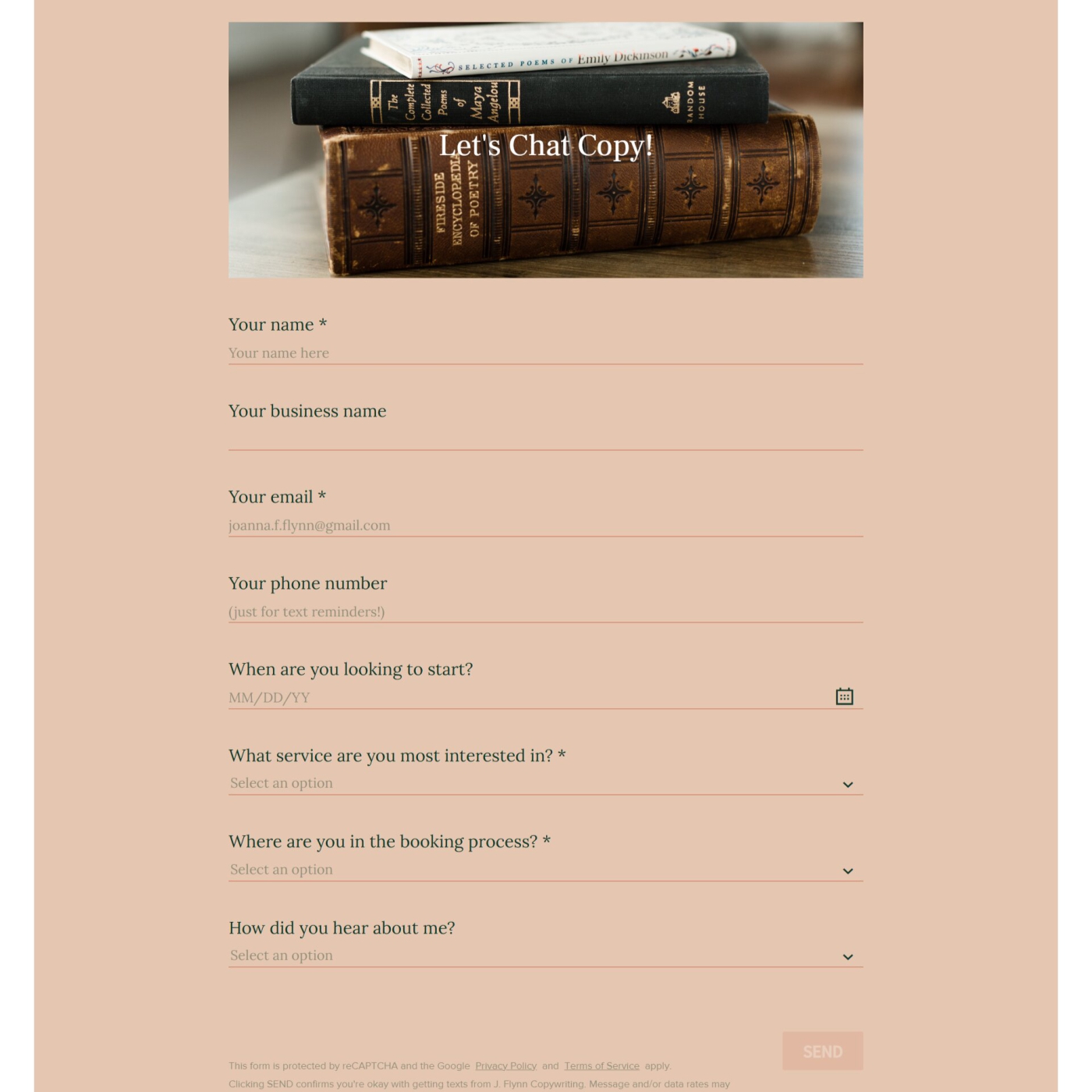 An example of a lead capture form for a wedding industry copywriter
