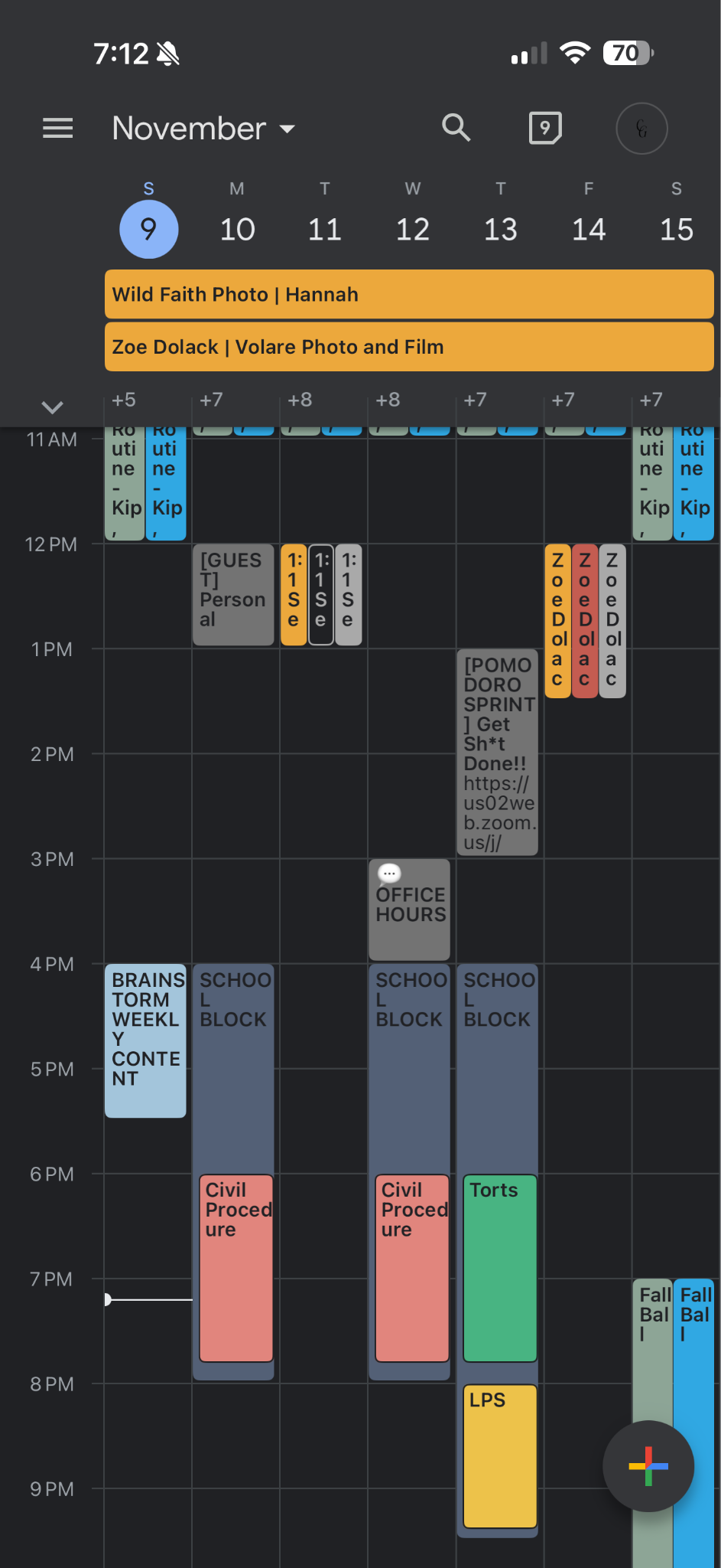 A screenshot of Google Calendar in dark mode with large chunks of time blocked out for business and school work